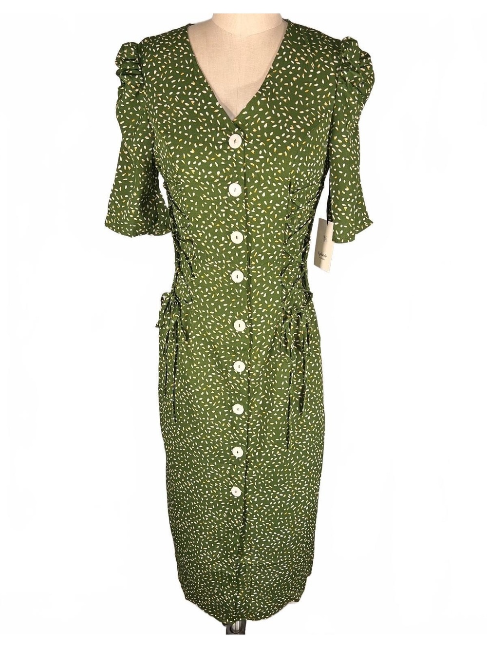 NWT Episode Green Ditsy Floral Midi Dress Corset Laces Cottagecore Fairy Size S
